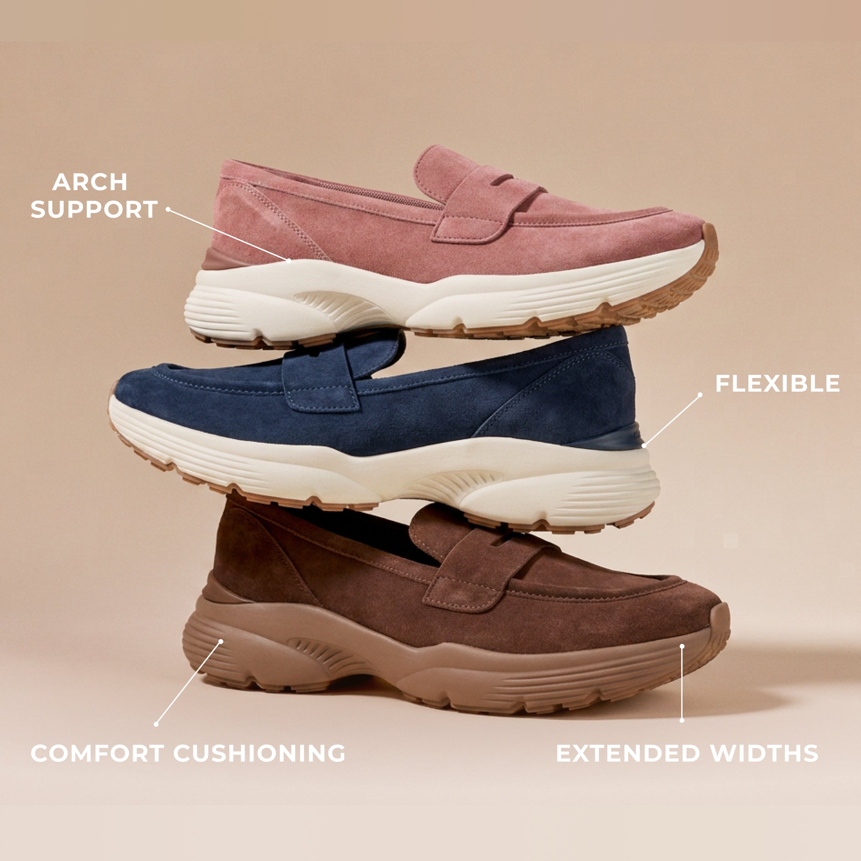 Product diagram of Morgen Loafer highlighting arch support, flexible sole, comfort cushioning, and extended widths
