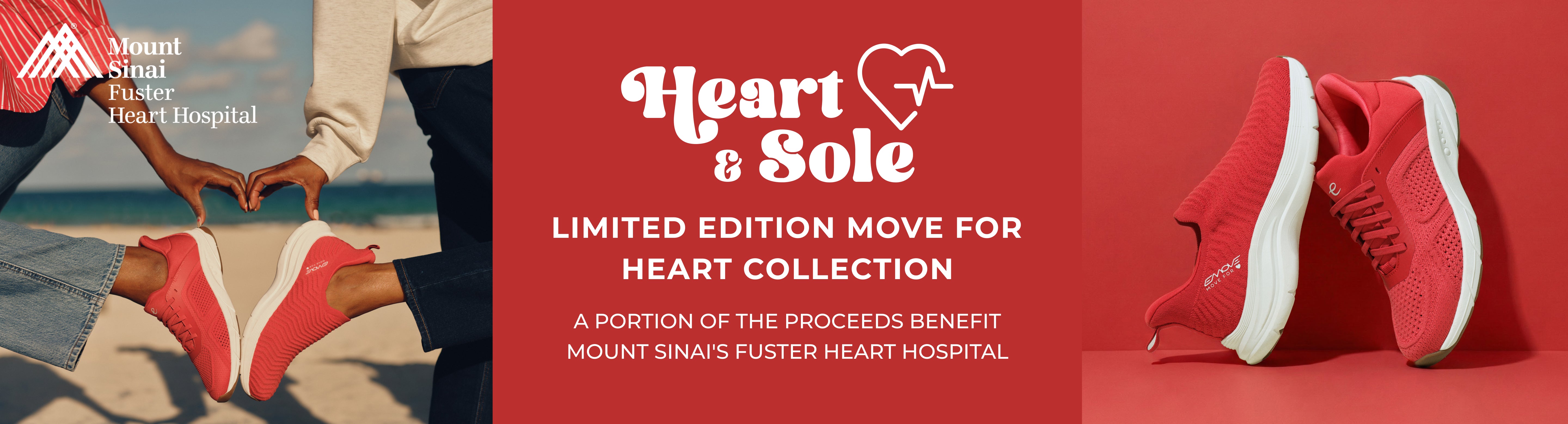 Promotional banner featuring the limited edition Heart and Sole Move for Heart collection benefiting Mount Sinai Fuster Heart Hospital