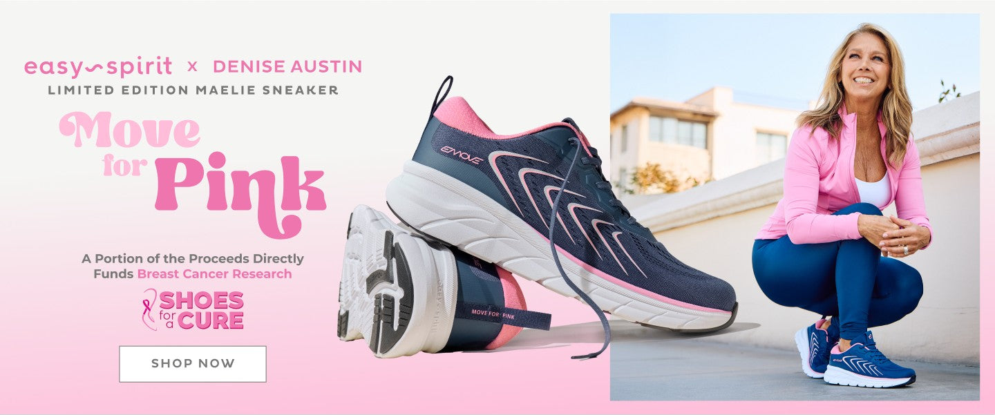 Pink and blue sneaker with promotional text and a woman sitting on a bench.