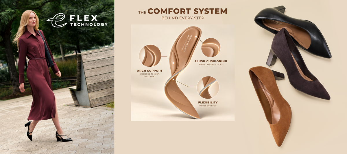 Promotional banner featuring eFlex technology footwear