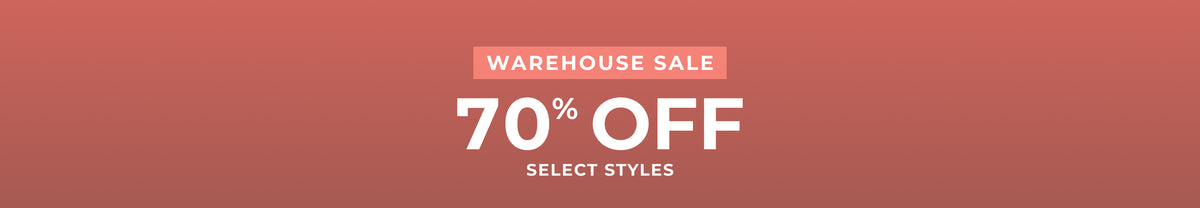 A promotional banner with a warm coral-to-peach gradient background and centered white text reading 'WAREHOUSE SALE', '70% OFF', and 'SELECT STYLES'.