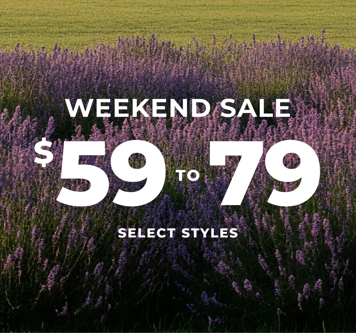 A promotional graphic featuring a field of purple flowers in the foreground and green grass in the background, with large white text reading 'WEEKEND SALE $59 TO 79' and smaller text 'SELECT STYLES'.