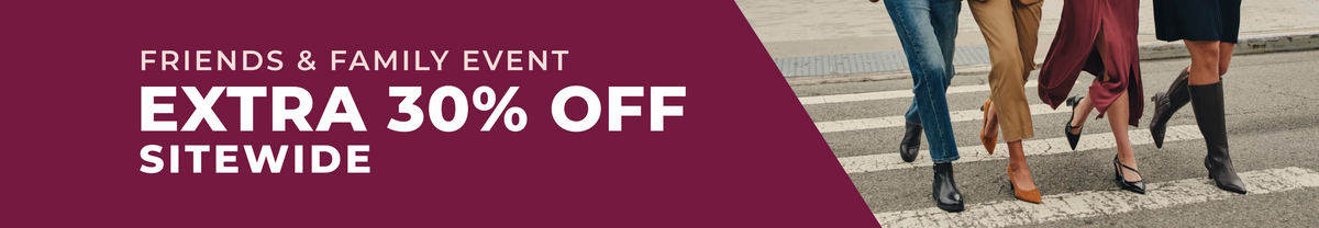 Promotional banner with a dark magenta left side featuring the text 'FRIENDS & FAMILY EVENT EXTRA 30% OFF SITEWIDE' in white, and a right side showing the lower legs of several people walking across a crosswalk outdoors.