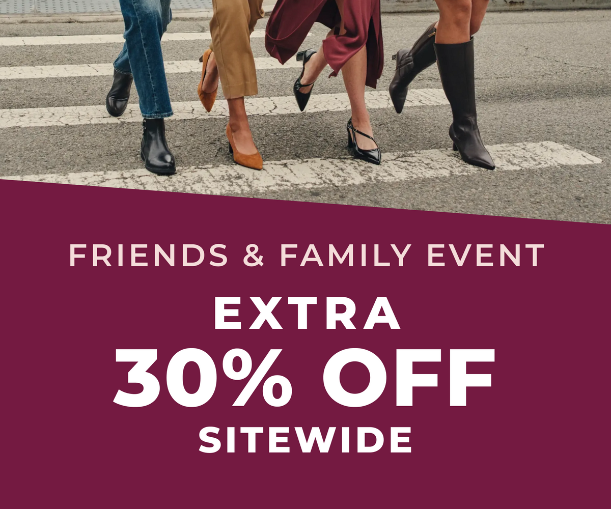 Promotional banner with a photo of several people crossing a street crosswalk, featuring a large magenta text block that reads 'FRIENDS & FAMILY EVENT EXTRA 30% OFF SITEWIDE'.