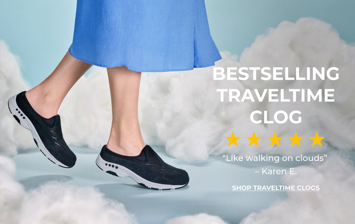 Promotional banner featuring Traveltime clogs