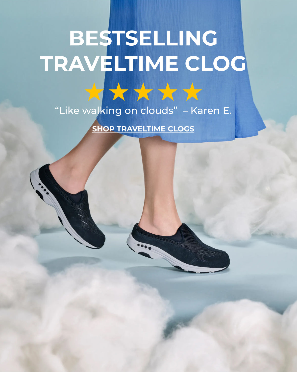 Promotional banner featuring Traveltime clogs