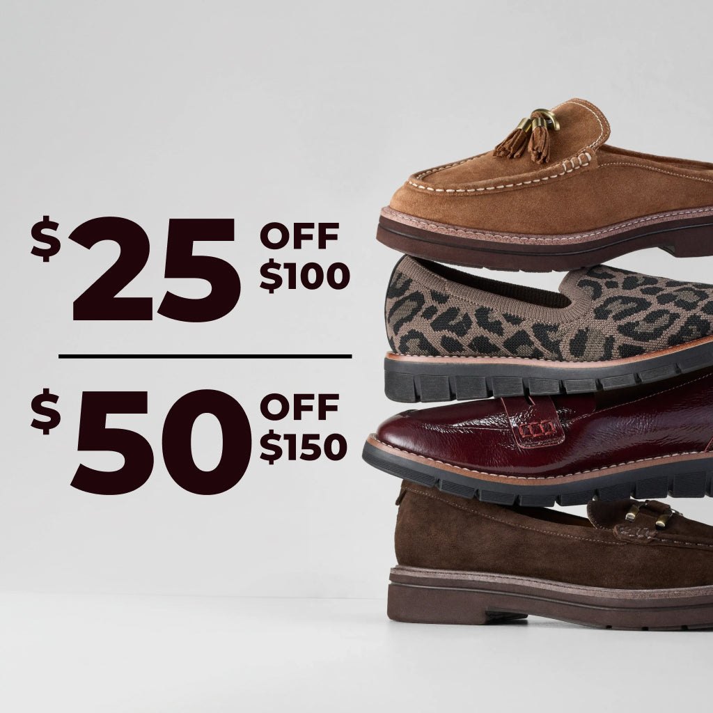 Promotional banner featuring Fall Stock Up Event $25 Off $100+, $50 Off $150+ 