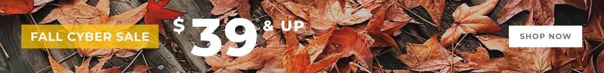Promotional banner with autumn leaves on a dark wood background, large text reading '$39 & UP', a yellow 'FALL CYBER SALE' label, and a white 'SHOP NOW' button.