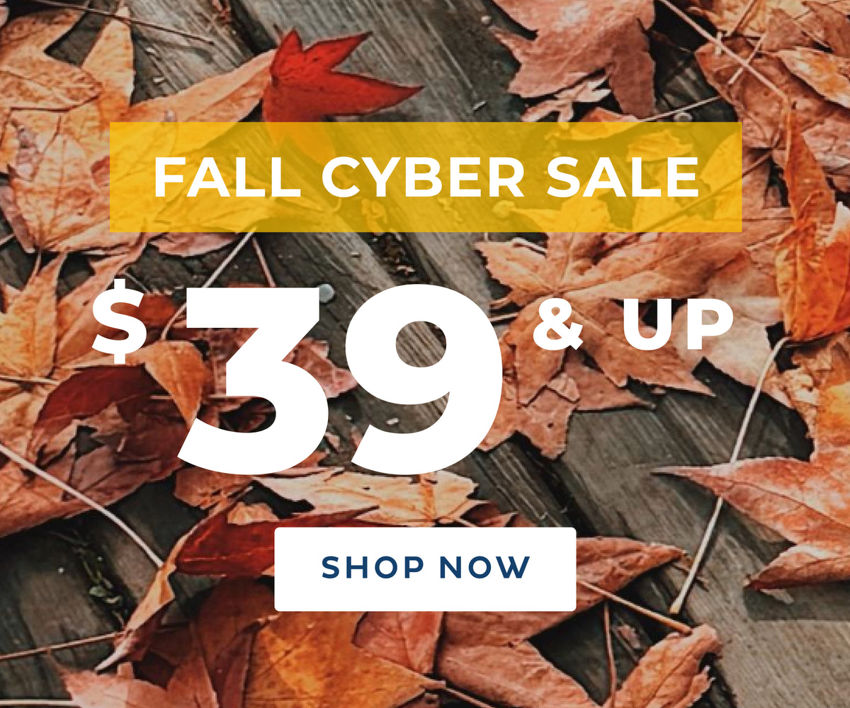Promotional graphic for an 'FALL CYBER SALE' with large white text reading '$39 & UP' and a 'SHOP NOW' button over a background of scattered autumn leaves on a wooden surface.