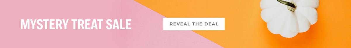 Promotional banner with the text 'MYSTERY TREAT SALE' on a pink section, a white button reading 'REVEAL THE DEAL,' and part of a white decorative pumpkin on an orange background.