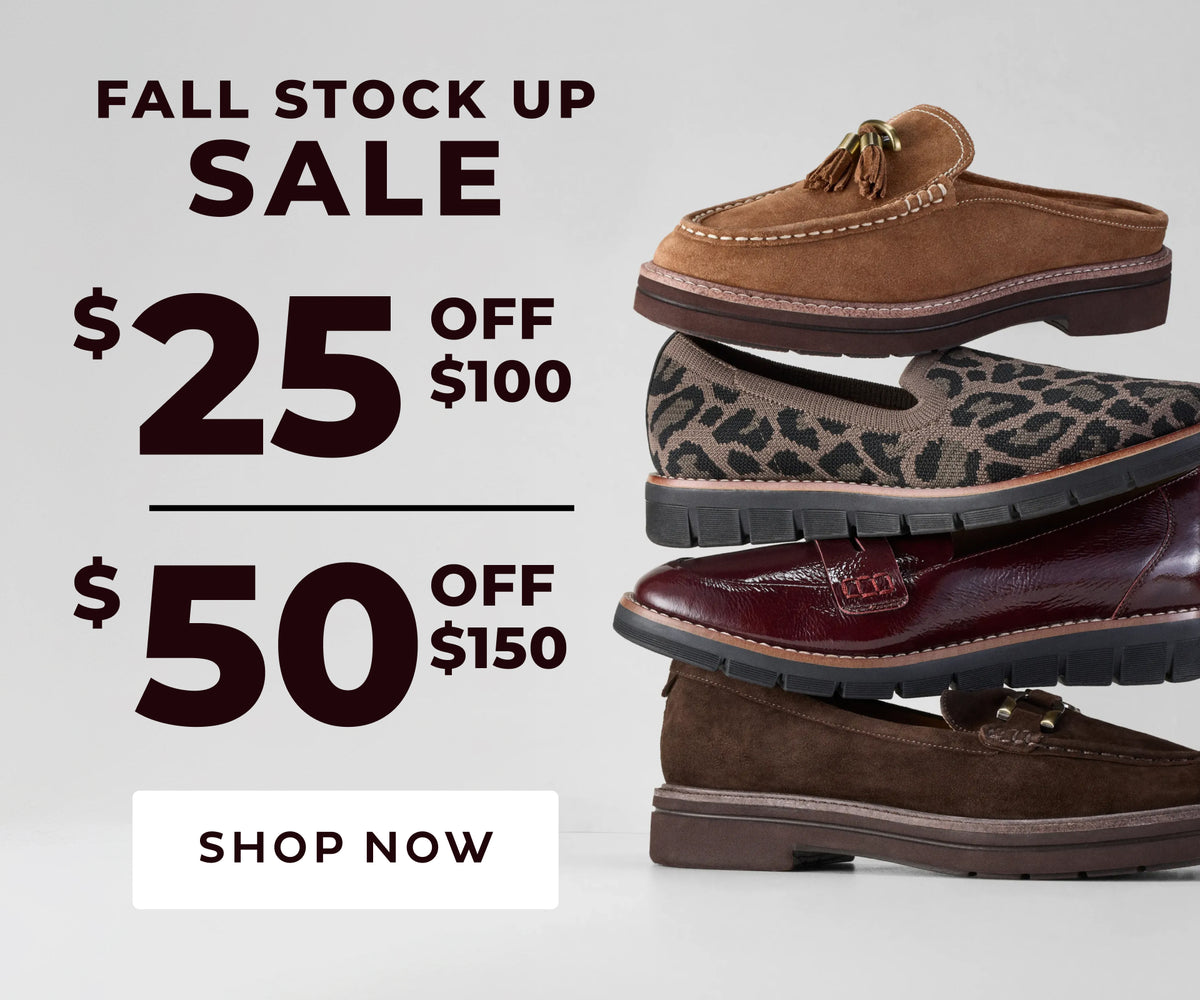 Promotional sale graphic for fall stock up with four pairs of casual shoes stacked on the right: a tan tassel loafer, a leopard-print slipper, a dark burgundy lace-up shoe, and a brown suede loafer. Large text reads 'FALL STOCK UP SALE' with discount amounts and a 'SHOP NOW' button on a light gray background.