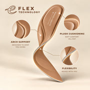 A tan insole with Flex Technology branding, shown on a warm beige background with three circular callout insets highlighting arch support, plush cushioning, and flexibility.