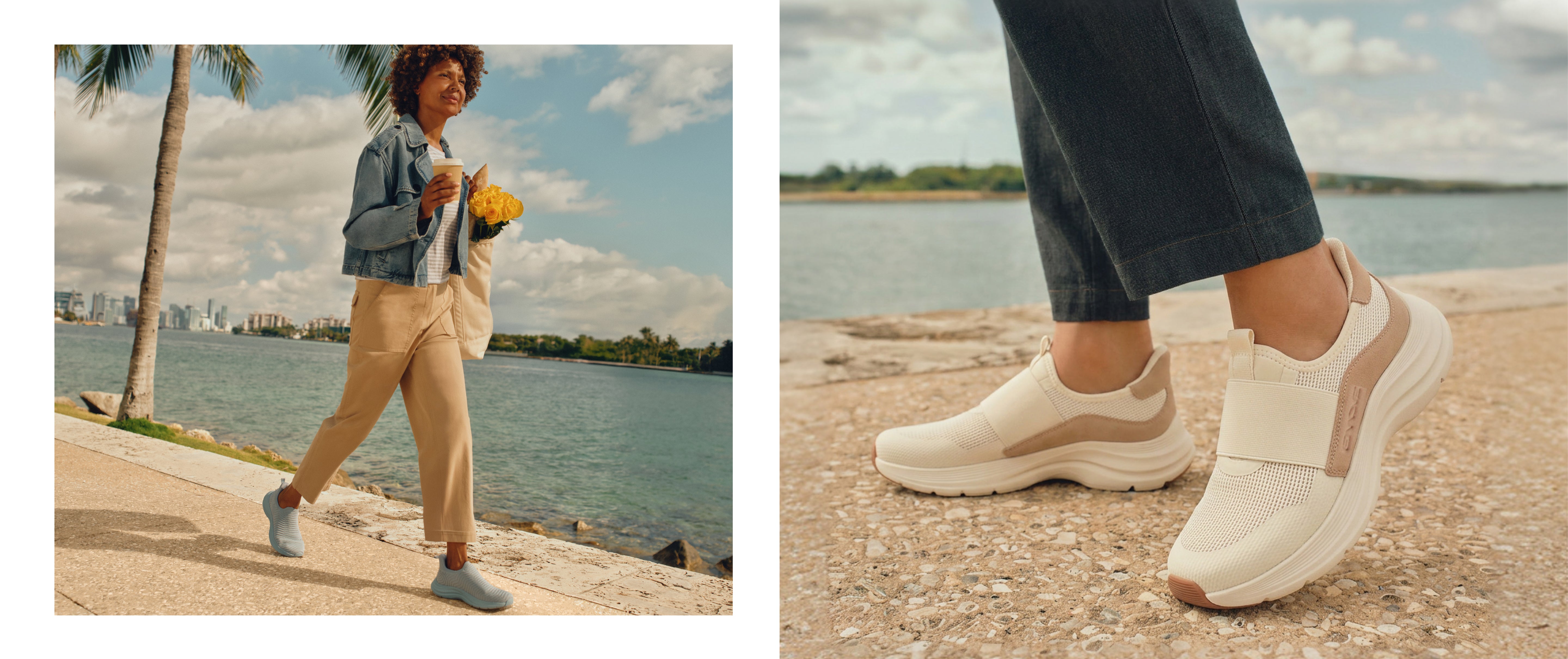 Model wearing Easy Spirit sneakers in light blue and cream