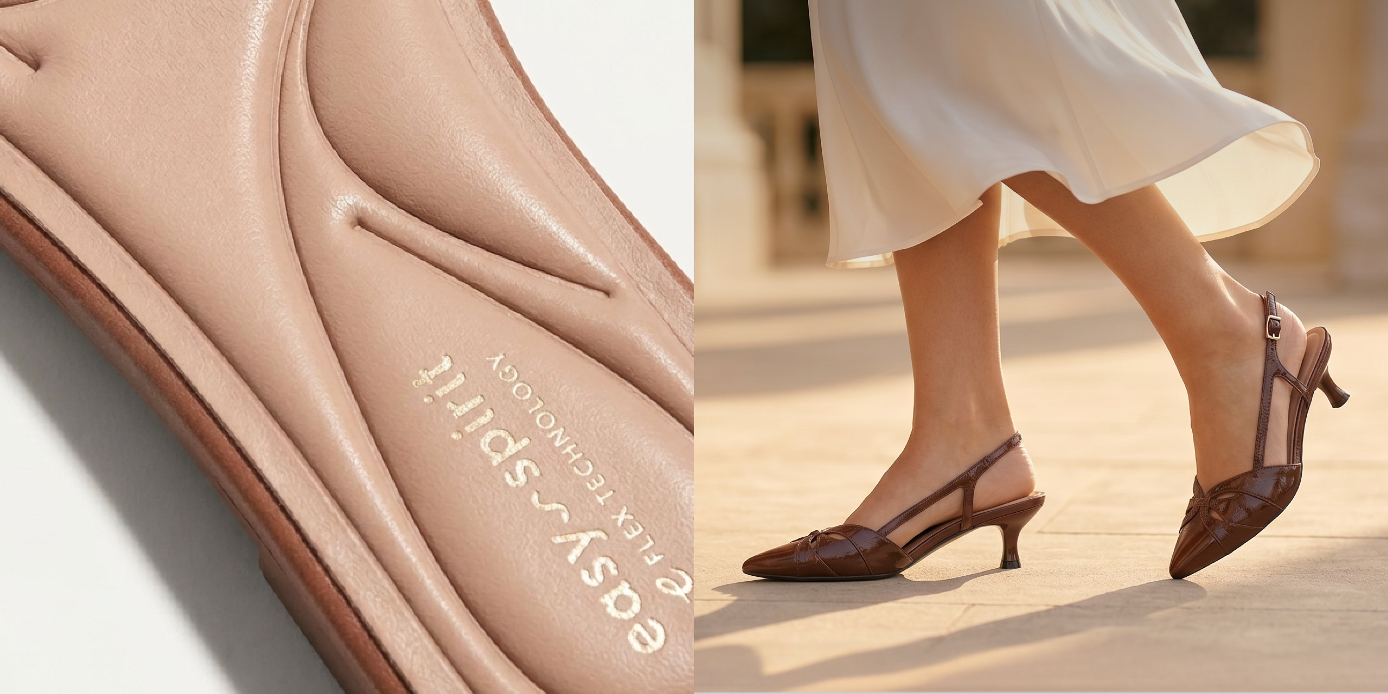 Easy Spirit insole with eFlex Technology branding / Model wearing Easy Spirit slingback heels in dark brown
